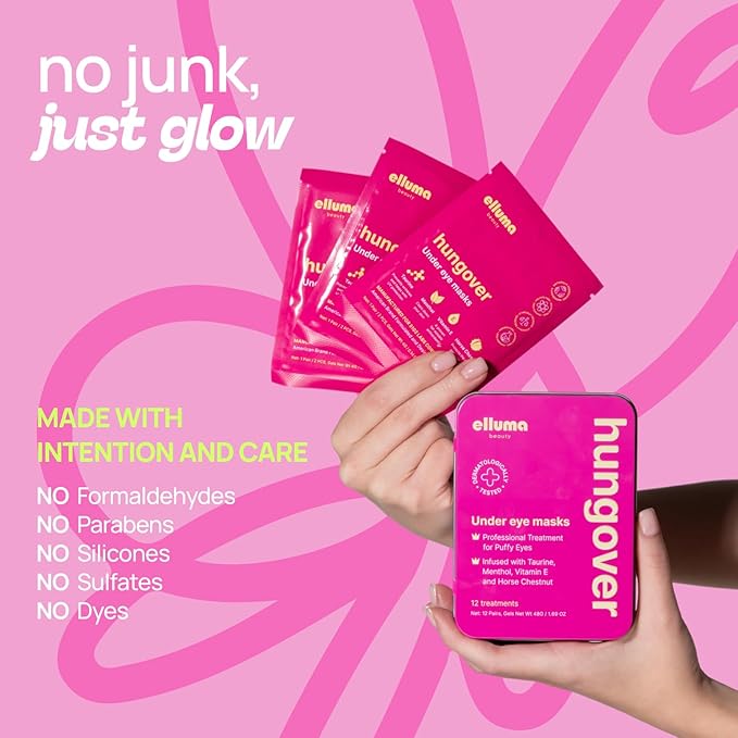 Elluma Beauty Under Eye Patches 12 Pairs of Themed Hydrogel Eye Gel Pads - For Puffy Eyes and Dark Circles, Under Eye Bags, Wrinkles - Hungover Set with Menthol & Taurine
