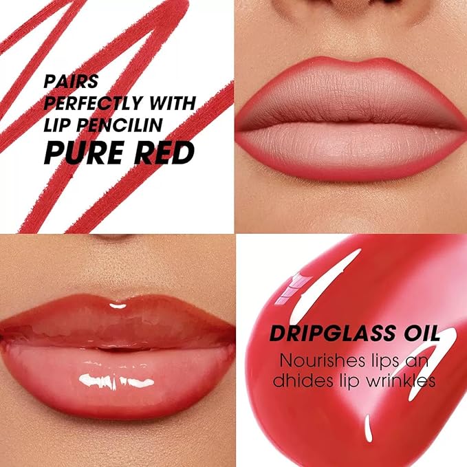 Hyesamyo Red Lip Liner Lip Gloss Set, Lip kit with Lip Oil Lip Liner, Plumping Lipgloss lip Pencil Waterproof Long Lasting Smudgeproof (10# red)