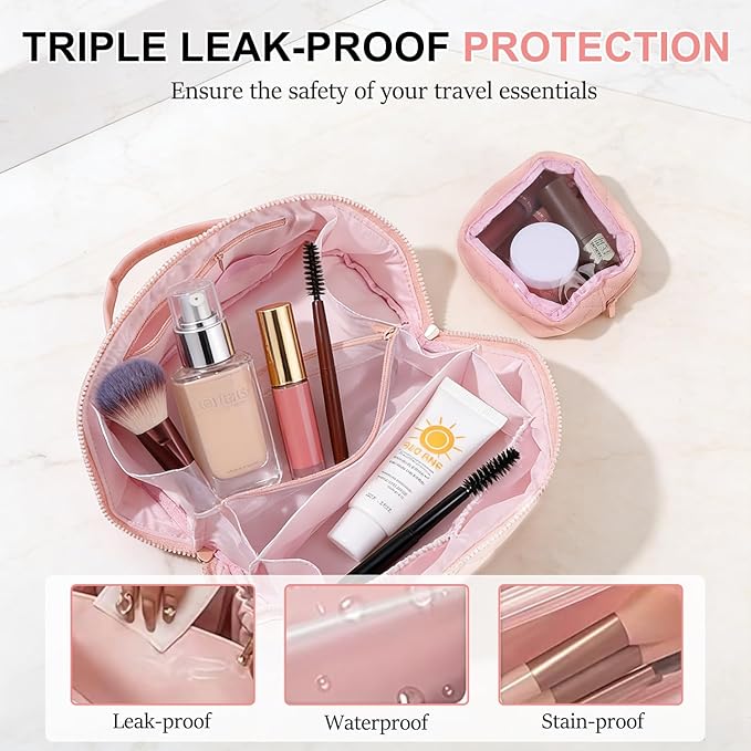 Travel Makeup Bag for Women - Puffy Padded Make Up Bags, Lay-Flat Water-Resistant Cosmetic Case, Large Capacity Cosmetic Bag for Travel Storage of Toiletries and Makeup Brushes (Black)
