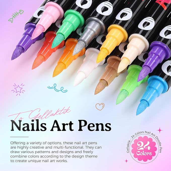 GELLAKTIK 24 Colors(12Pcs-dual) Nail Art Pens Set, 3D Nail Polish Pens Quick-Drying Acrylic Paint Markers, Dotting Liner Brush for DIY Nail Design, Home & Salon Manicure Tools, MarkerPen