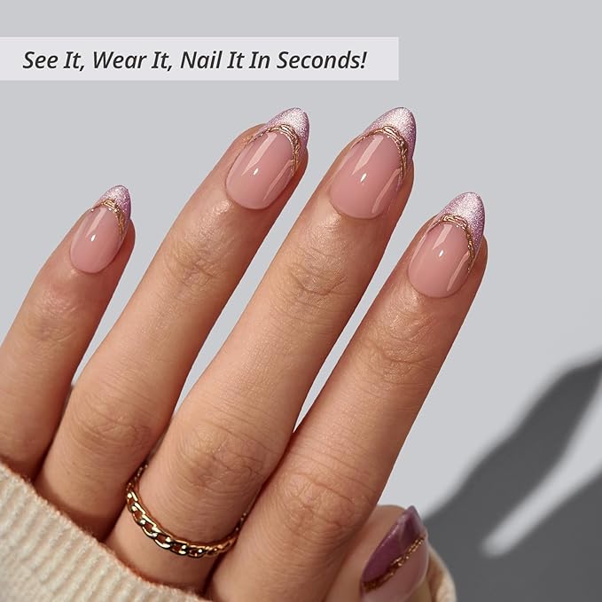 BTArtbox French Tip Press On Nails - Pink Aurora, Lamp-Curable 3D Gold Line Short Almond Press On Nails with Glue and Adhesive Tabs for Women in 16 Sizes - 32 Soft Gel Glue On Nails Kit
