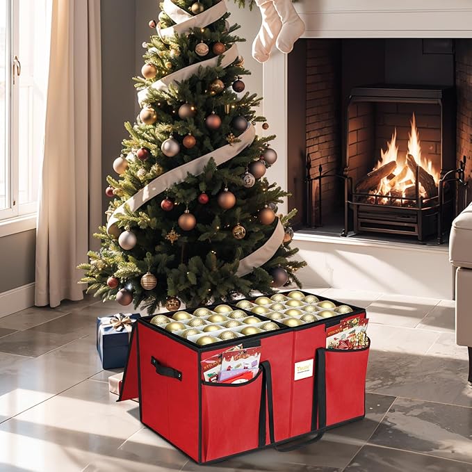 BALEINE Christmas Ornament Storage Box with Dividers, Premium Holiday Ornaments Storage Container Bin for Xmas Decorations (128 Ball, Red, Without Tray)