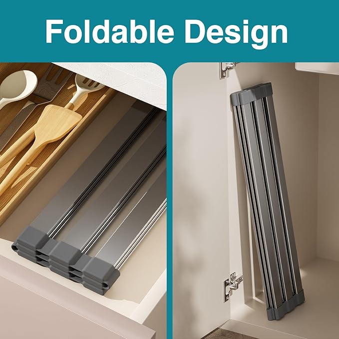 Rectangle Foldable Dish Drying Rack, Non-Slip Silicone Base, Over The Sink Aluminum Dish Drainer Rack for Kitchen Sink, Ideal for Drying Mat Easy to Store,17.7 x 13.4inch Matte Gray