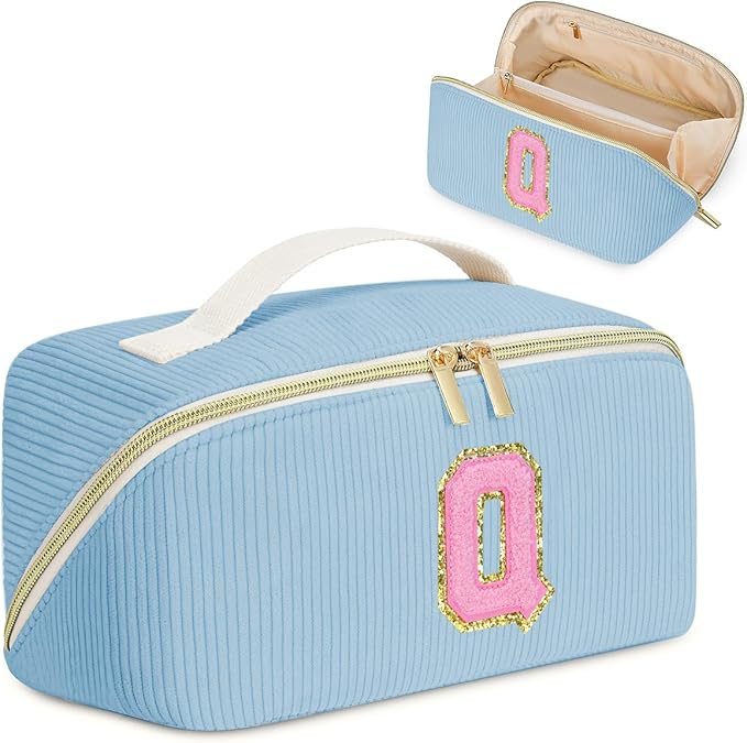 Personalized Initial Makeup Bag, Valentine's Day Gifts for Girls,Preppy Bag Cosmetic Travel Bag Women,Travel Toiletry Organizer,Large Capacity Corduroy Stuff Bag,Cute Cosmetic Pouch Skincare Bag