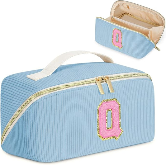 Personalized Initial Makeup Bag, Valentine's Day Gifts for Girls,Preppy Bag Cosmetic Travel Bag Women,Travel Toiletry Organizer,Large Capacity Corduroy Stuff Bag,Cute Cosmetic Pouch Skincare Bag