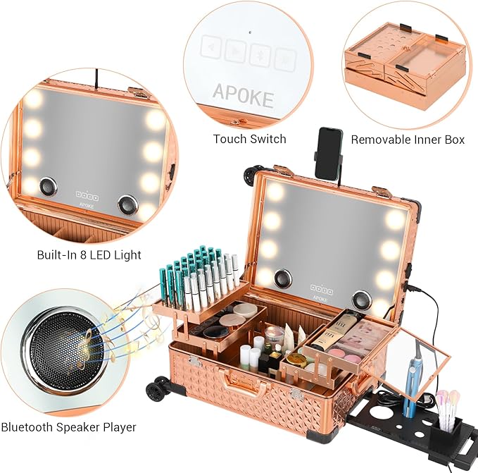 Rolling Makeup Train Case with Lighted Mirror and Bluetooth Speaker Professional Cosmetic Organizer Case with Wheels, Stands Portable Makup Station Vanity for Travel (Rose gold, Medium)