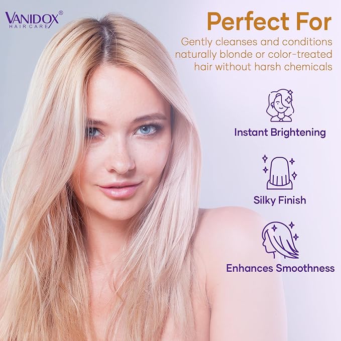 VANIDOX Sulfate Free Brass Toning Purple Shampoo and Conditioner Set for Blondes, Brown Highlighted, or Bleached Hair, Shampoo for Blondes Infused with Purple Rice Extract (16 fl oz each)