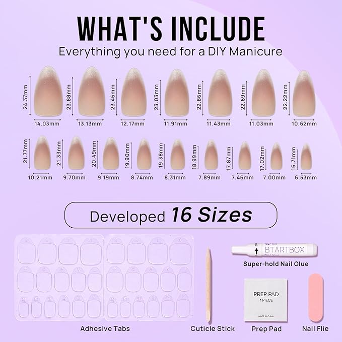 BTArtbox Press On Nails Almond - Medium Cat Eye French Tip Nails with Glue for Daily Nail Art, Fake Nail Extensions In 15 Sizes - 30 Nail Kit, Liquid Radiance
