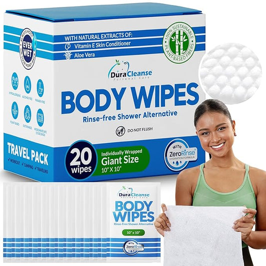 Dura Cleanse Travel Body Wipes - Everyday Clean (Instant Fresh) - 20 Count, XL 10”x10” Individually Wrapped No-Rinse Shower Wipes for Adults, Men & Women, Camping, Gym & Travel