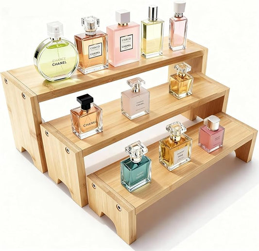 Natural Bamboo Display Stand Risers, 3 Tier Bamboo Organizer Stand with Independent Shelf for Cupcake, Perfume, Cologne, Figurine, Spice, Candle, Tiered Riser Rack for Table Display, Kitchen, Retail, Home Decor