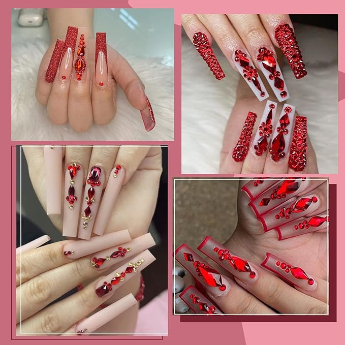 Canvalite 2900Pcs Red Rhinestones for Nails, 18 Styles Multi Shape Nail Charms and Gems Shiny Glass Crystal Flatback Nail Rhinestones Set for Nail Art with Rhinestone Picker and Tweezers