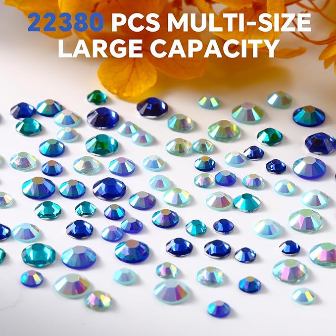 22380Pcs Blue and Cyan-Blue Color Flatback Rhinestones Kit for Nail Crafts DIY Decoration Non-hotfix Resin Round Shape Crystal(3mm,4mm,5mm)