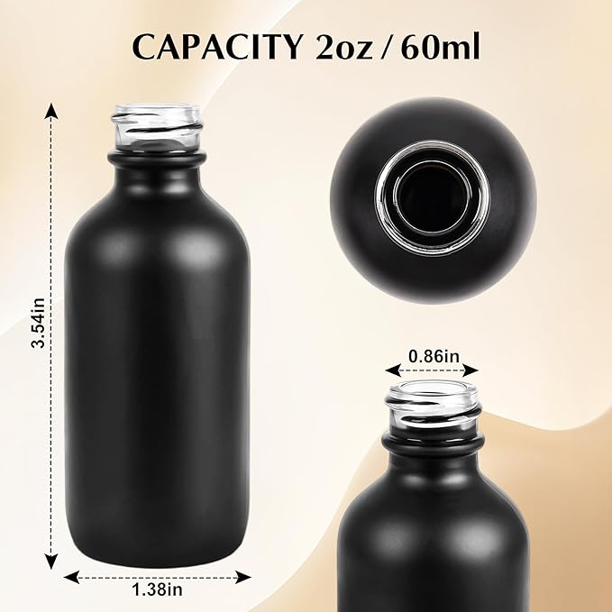 Exlvanto Small Glass Bottles with Lids Boston Round Shot Bottles for Health, Immunity, Ginger Juice, Essential Oils, Potion - Leak Proof Mini Travel Containers (Black Frosted, 2oz-48Pack)
