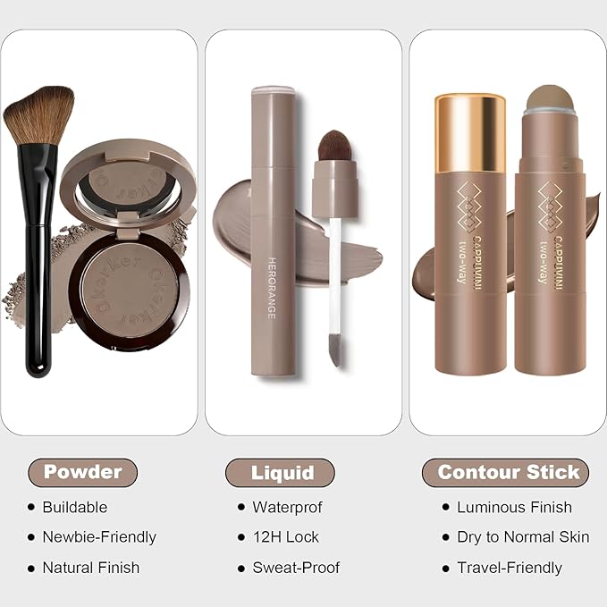 Cool Toned Contour Palette with Mirror, Taupe Grey Contour Powder for Fair Pale Light Cool Toned Skin, Nose Contouring Bronzer Powder with Face Wavy Bristles Brush