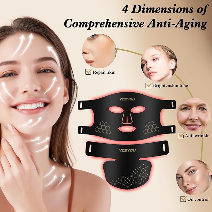 LED Face & Neck Beauty Mask, Red Light Therapy for Face & Neck, 4 Light Modes, Soft Silicone, 348 LEDs, Rechargeable Remote with Timer, Portable Cosmetic Skin Care Device for At-Home Glow
