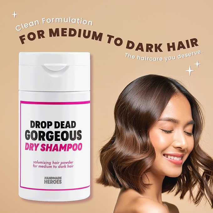 Handmade Heroes Non Aerosol Dry Shampoo Volume Powder 1.8oz, 100% Natural & Vegan For Dark Hair & Brunette Hair (2 pc set)