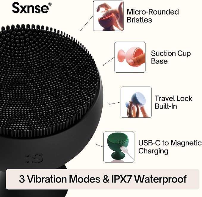 Palm Face Clean Pro⁺ - Electric Silicone Face Scrubber for Acne with 7000+ Sonic Pulses - IPX7 Waterproof Rechargeable Exfoliator with Slip-Free Grip, 3 Speed Settings & Phthalate-Free - Jet