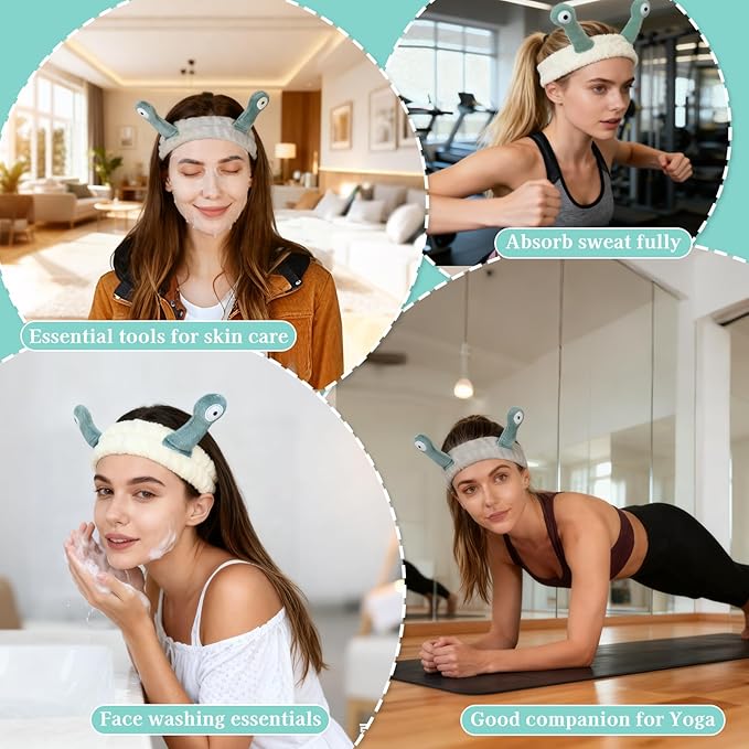 Snail Face Wash Headband Skincare & Wrist Bands for Washing Face Set Cute Spa Headband for Women and Wrist Faces Wash Bands for Shower, Facial Cleaning, Soft Coral Fleece Makeup Headbands,Beige & Grey