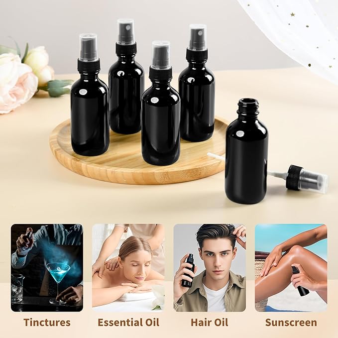 BILLIONSTARS 48 Pack 2oz Glass Boston Round Bottle with Fine Mist Sprayer - UV Black - Essential Oils, Bath, Beauty, Hair & Cleaning - Leakproof Travel Bottles
