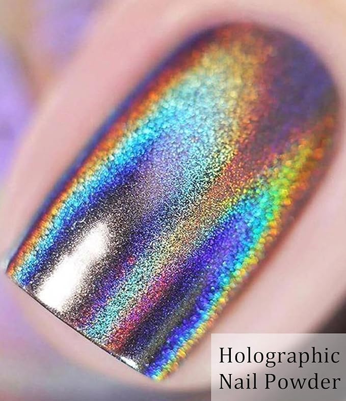 BISHENGYF Gold Chrome Nail Powder - 6pcs Sparkly Laser Holographic Nail Powder Metallic Mirror Effect Pink Nail Chrome POwder, White Pearl Pigment Holo Iridescent Glitter Dust Kit, Nail Art Decoration