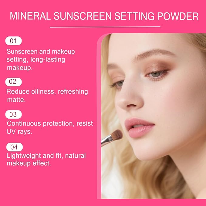 Mineral Sunscreen Setting Powder, SPF 50 Transparent Brush Powder, Long-Lasting,Lightweight Breathable, Oil Control Natural Matte, Suitable for Face, Scalp & Hair
