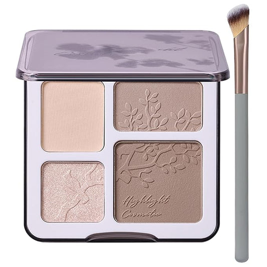 Face Highlighter Contour Shading Palette Sculpting Long-lasting Shimmer Pressed Powder Smooth Matte Finish Makeup for Warm Fair Toned Skin with Mirror