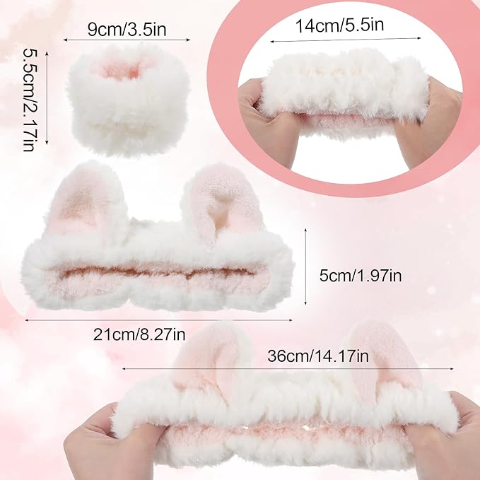 XLIUAX Headbands for Women, Elastic Spa Headband with 2pcs Wristband Set, Cute Plush Cat Ears Puffy Head Band Makeup Hair Band for Washing Face Skincare Yoga Facial Mask(White)