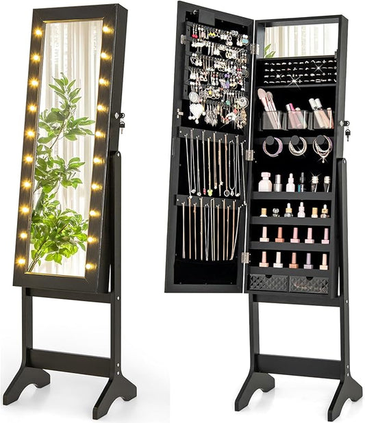 Giantex Standing Jewelry Armoire with Lighted Full Length Mirror, Lockable Jewelry Cabinet Organizer with 20 LED Lights, Adjustable Tilt, Large Storage for Earrings, Rings, Necklaces, Black