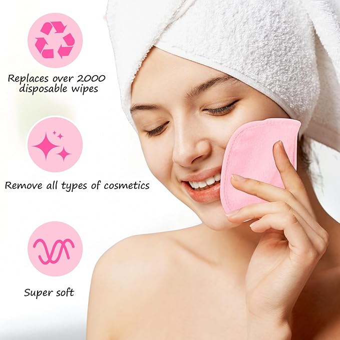 VitalCozy 10 Pack Makeup Remover Cloths, Makeup Remover Towels Reusable Face Cloth Eraser for Washing Face Microfiber Washcloth for Women Cleansing Just Water with Mesh Bag(Pink Colors)