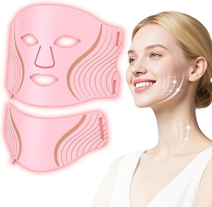 Red Light Therapy for Face & Neck, LED Red Light Therapy Mask for Anti-Aging, Wrinkle Reduction, and Skin Firming, Rechargeable LED Face Mask Light Therapy, 7 Modes, 5 Levels, Home & Travel Use