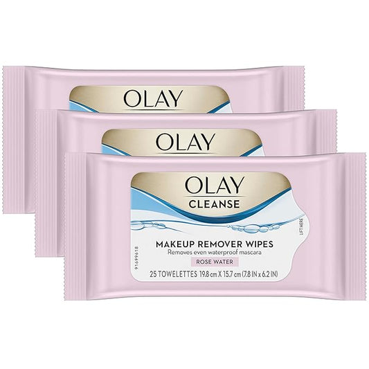 Olay Cleanse Makeup Remover Cleansing Face Wipes, Daily Facial Towelettes, Rose Water, 25 Count, 3 Pack