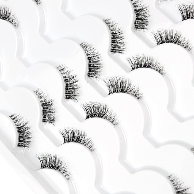 Half False Eyelashes with Clear Band Wispy Cat Eye Look Natural Short Small 3/4 Accent Lashes Faux Mink Fake Eyelash Strips 14 Pairs Pack