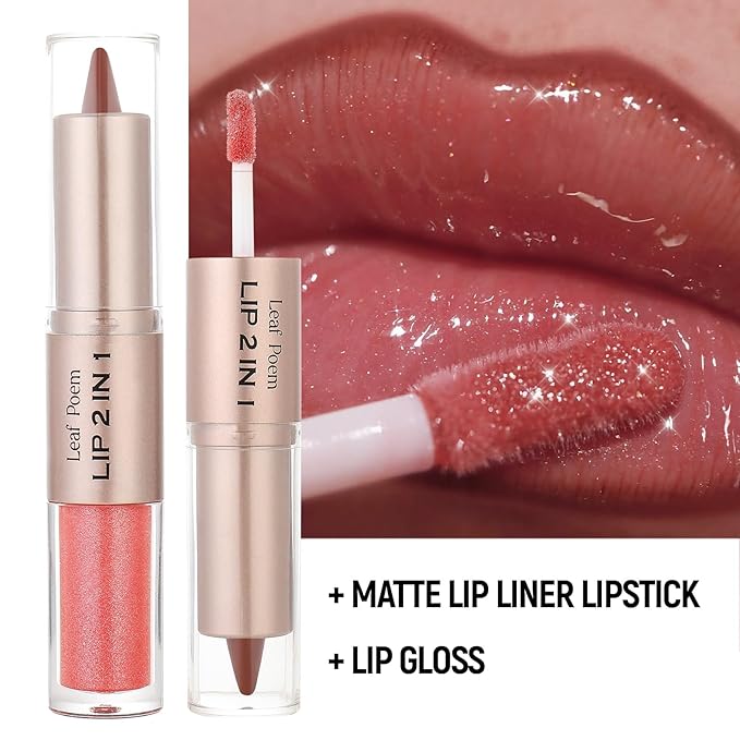 BAISEN DIARY 2-in-1 Double-Ended Matte Lip Liner & Lip Gloss Duo, Cool Nude Brown Ombre Lip Combo Pencil, Lip Liner and Lipstick Gloss Set for Defined & Fuller Looking Lips, #01 Cool Nude Brown