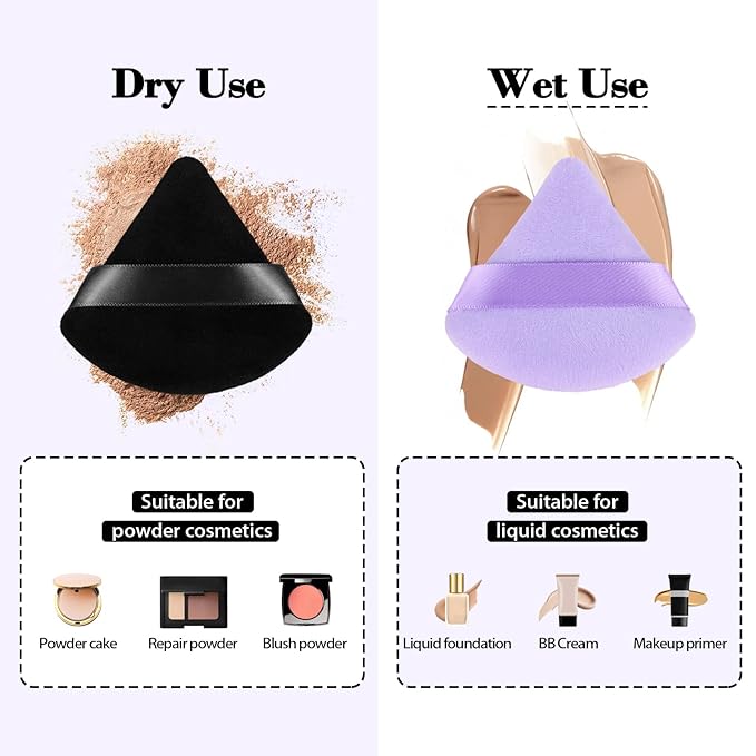 RAREIUS 8pcs Triangular Powder Puff Face Soft Velvet Makeup Puff for Loose Powder Body Powder Makeup Sponge for Contouring Wet Dry Foundation Blender Sponge Beauty Makeup Tool.(Black&Purple)