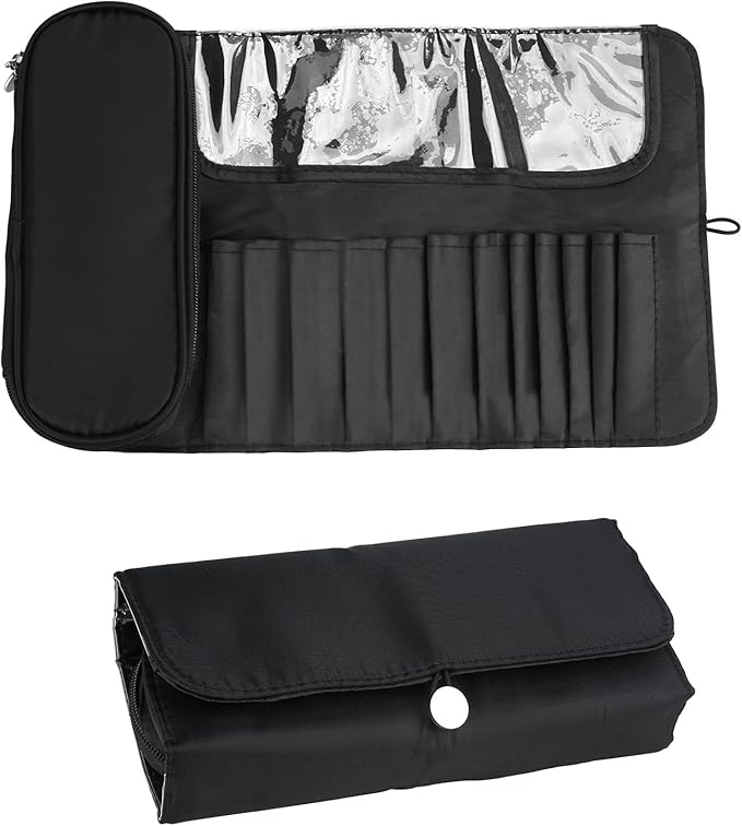 LUEXBOX Portable Folding Makeup Brush Bag, Multifunctional Cosmetics Rolling Storage Case Makeup Brush Holder for Travel, Makeup Brush Organizer Bag (Black)