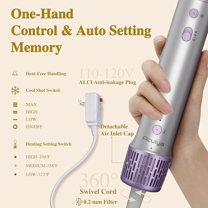 Aculya Life 5 in 1 Hot Air Styler- 110,000 RPM Ionic Straighter, High Speed Hair Dryer, Volumizer & Auto-Wrap Curlers, Frizz-Free Styling Tool, Hair Styler Gift Set with Travel Bag