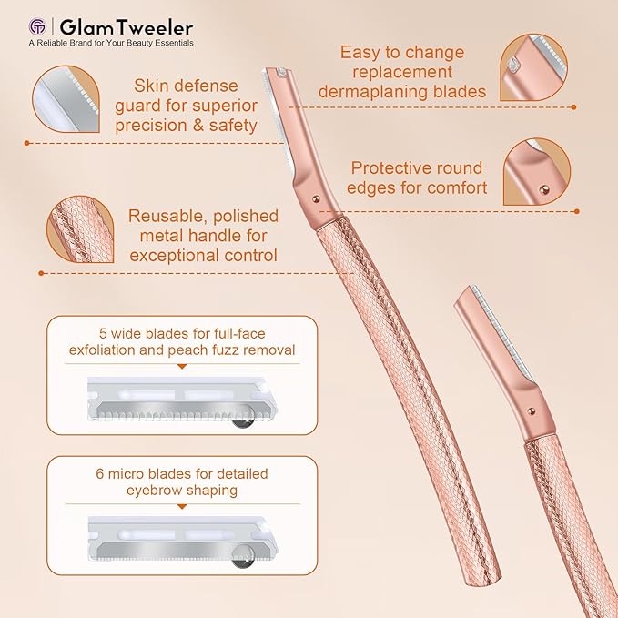 Women's Dermaplane Face & Eyebrow Razor Kit with GlamTweeler Slant Tweezers, Spoolie Brush, and Luxury Leather Storage & Travel Case + 10 Refill Blades (Rose Gold)