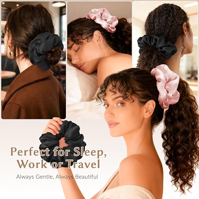 2 Pack Silky Scrunchies No Damage Pillow Scrunchies, Silk-Lilk Soft Oversized Hair Ties Ponytail Holders for Sleeping, Curly Thick or Thin Hair (Pink & Black)