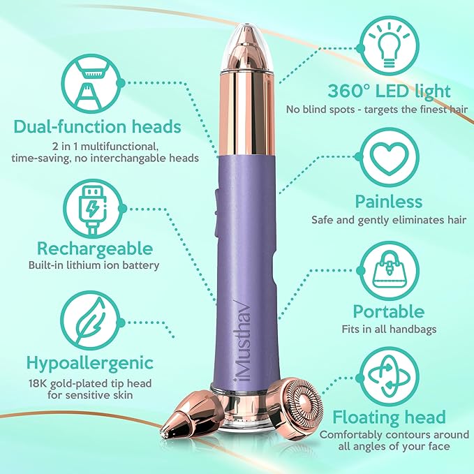 iMusthav 2 in 1 Eyebrow and Facial Hair Remover for Women Painless Electric Razor Epilator Trimmer Shaver with 18K Gold-Plated, USB Rechargeable, 360° LED for Flawless Eyebrow and Face Hair Removal
