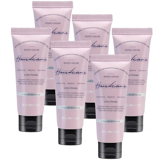 DincherBel 6 Pack Travel Size Hand Cream Set - 1 oz Moisturizing Lotion for Dry Cracked Hands, Lotus Dream Scented Hand Lotion Gift for Women, Nurses, Teachers, Bridesmaids Gifts
