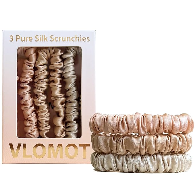 VLOMOT 3 Pcs Set 100% Pure Mulberry Silk Hair Scrunchies Hair Ties with 3 Chic Colors Everyday Skinny Scrunchies Silk Ponytail Holders Hair Care No Damage (Champagne)