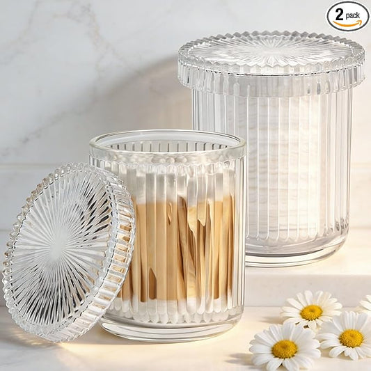 ESEHGS 2 Pack Glass Qtip Holder Dispenser Set - Bathroom Organizer for Cotton Swabs, Balls, Pads, Floss Picks - Clear Apothecary Jars for Vanity, Makeup Storage, Bathroom Accessories Decor (Clear)