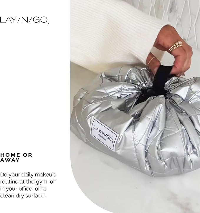 Lay-n-Go Cosmo Drawstring Cosmetic & Makeup Bag Organizer - Portable Drawstring Makeup Bag w/Zipper Pocket & More - Durable, Machine Washable Toiletry Bag for Travel (20", Grit Grace Gratitude)