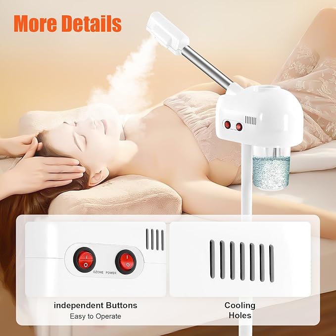 Facial Steamer & Professional Ozone Face Steamer, Adjustable Height Steamer on Wheels with 360° Rotating Nozzle and Hot Mist Function, Home and Salon Use Facial Care Equipment
