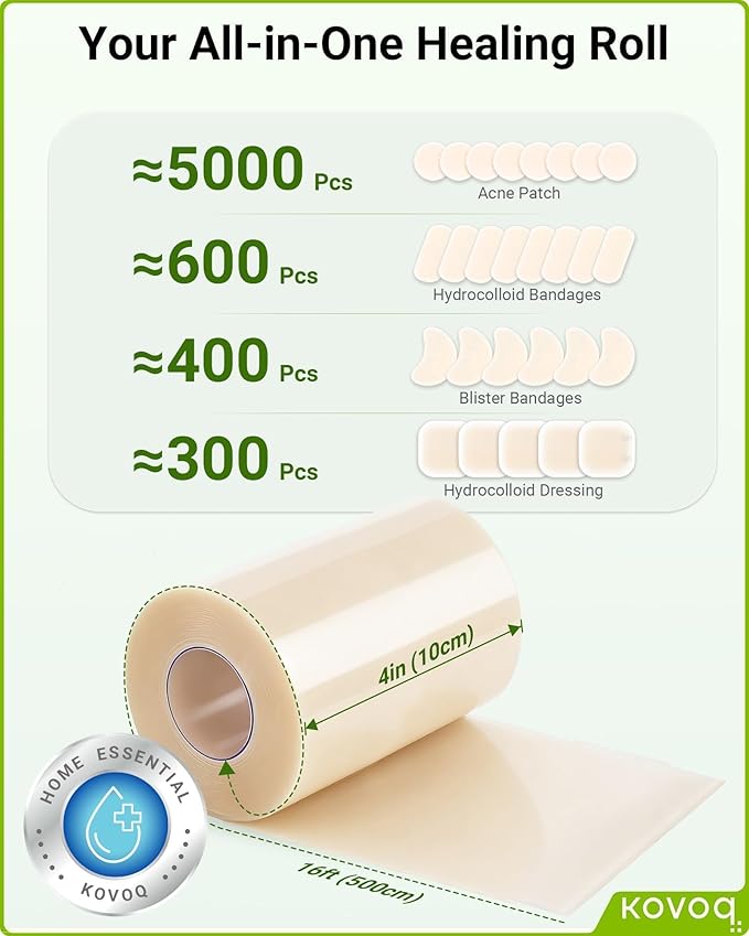 Large Hydrocolloid Roll Bandages 4IN * 16FT, Kovoq Large Hydrocolloid Patches for Wound Care, Acne, Pimple, Nose, Face, Ultra Absorbent with DIY Size Shape Tools Scissor and Tweezer (4in * 16ft)