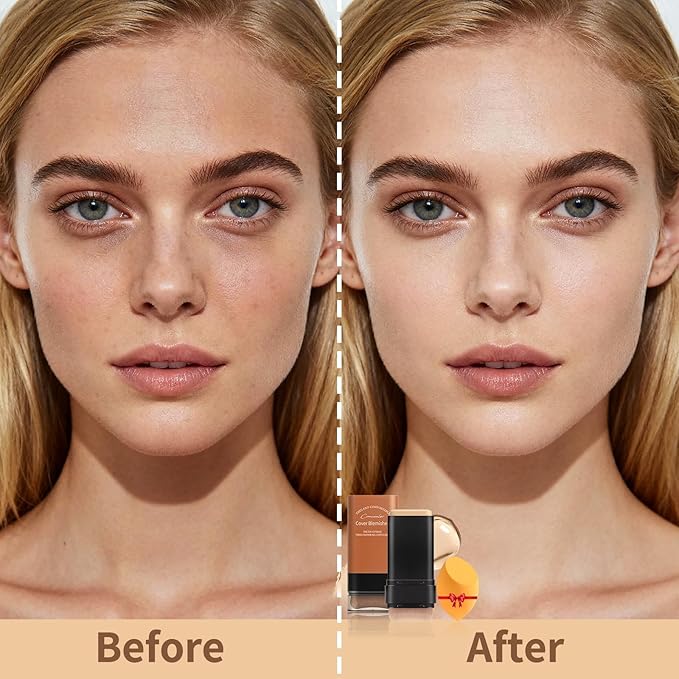 Full Coverage Foundation Stick with Contour Brush, Water Resistant & Lightweight Foundation Makeup with Beauty Sponge, Buildable Concealer Stick for Multiple Skin Tones, Daily Natural Matte Finish