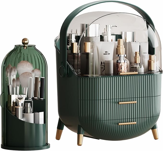 Makeup Organizers Countertop, Makeup organization for Vanity, Cosmetic Storage with Lid and Drawers, Skincare Display Cases with for Desktop, Bathroom (Green)