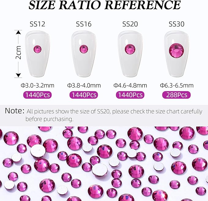 Meibite Fuchsia Flatback Rhinestones, Glass Rhinestones for Nail Art and Craft, Glue Fix, Loose Crystal Gemstones(Fuchsia, SS12, 1440pcs, 2.9-3.0mm)