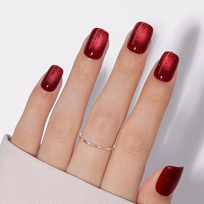 VSALON Press on Nails Short Square - Burgundy Red Cat Eye Glitter Fake Nails, Reusable Opaque Gel Magnetic Effect Fake Nails with Glue & Cuticle Oil - 32 PCS in 16 Sizes Valentines Gifts for Women
