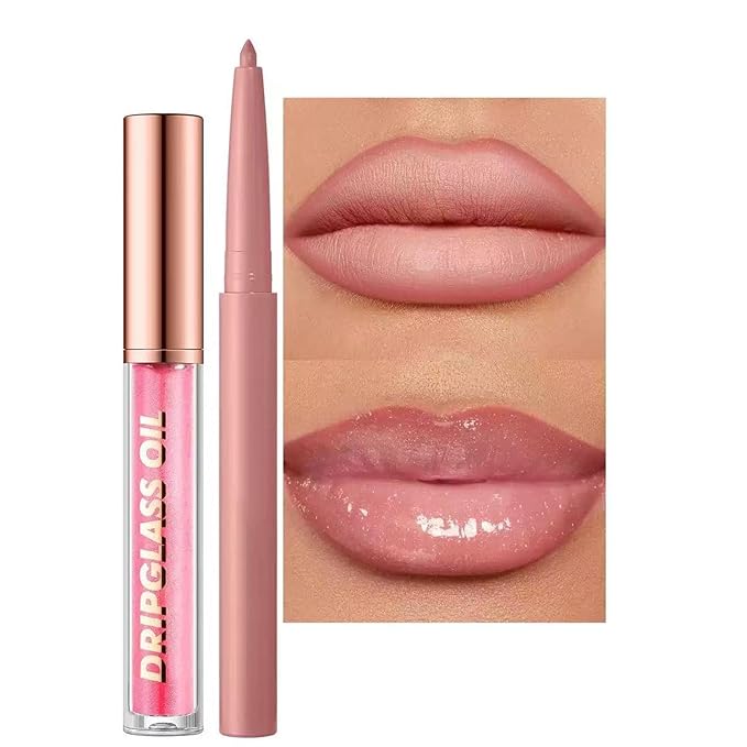 Hyesamyo Pink Lip Gloss Lip Liner Set, Lip kit with Lip Oil Lip Liner, Lip Plumer Gloss lip liner Pencil Pluming Waterproof Long Lasting Smudgeproof (01# light pink)